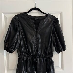 Black Puff Sleeve Faux Leather Top